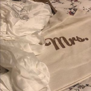 Mrs. cream-gold tote bag & Bride ivory bathrobe